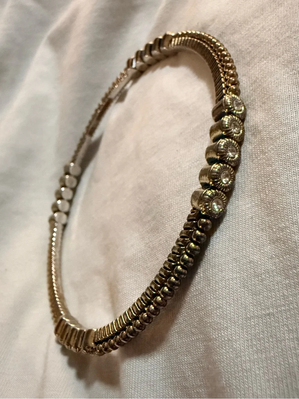 Graziano Gold Tone Slip-On Bangle Bracelet w/ Bezel Set Clear Crystal, Signed